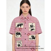 Cute Summer Men Unisex Y2k Plaid Short-Sleeved Shirt American Retro Fashion Trend Street Hip-Hop Loose Breathable Niche Blouse