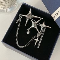 New Four-Pointed Star Pins Brooch Trendy Rhinestone Inlaid Long Chain Stars Tassel Badge Lapel Pin Jewelry Collar Accessory Gift