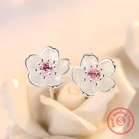 JewelryTop Real 925 Sterling Silver Crystal Jewelry New Flower Stud Earrings For Women Lady
