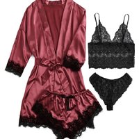 4-piece women's luxurious V-neck pajama nightgown sexy lace satin halter bathrobe silk satin home nightgown home sexy pajamas