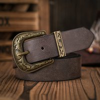 Men - Women - Western Denim - pu leather - Belt - Vintage jeans with floral carved buckle belt
