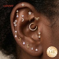 CANNER 1PC 14K Solid Gold G23 Titanium Piercing Moon CZ Flat Back Stud Earring For Women Hypoallergenic Luxury Ear Bone Gift