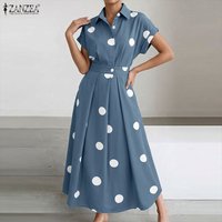 ZANZEA 2026 Women Polka Dot Maxi Dress Turn-Down Collar Short Sleeve Elastic Waist A-Line Dresses Fashion Streetwear Shirtdress