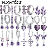 925 Sterling Silver Ear Needle Beautiful Purple Zircon Earrings Hoop Earrings Crystal Pendant Earring Fashion Wedding Jewelry