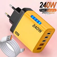 5-in-1 240W GaN USB-C Desktop Charger Fast Charge Phone Adapter 10A Type-C Cable For iPhone Samsung Xiaomi EU/US/UK Plug Charger