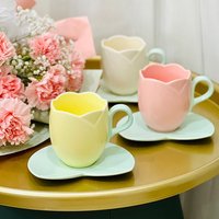 Tulip Shaped Mug with Saucer Ceramic Tulip Shaped Teacup Creative Vintage Tulip Tea Mug Cappuccino Tableware