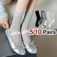 5/10 Pairs Women Solid Color Mesh Mid Tube Socks Summer Lightweight Breathable Fashionable Wavy Edge Ballet Style Casual Socks