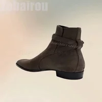 Brown Buckle Decor Flock Chelsea Ankle Boots Fashion Slip On Men Boots Luxurious Handmade Party Banquet Office Men Casual Shoes
