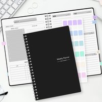 Undated Weekly Planner Notebook, Spiral Bound Schedule Organizer with Tabs, To Do List, Habit Tracker, Sticky Notes, Black Cover