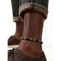 Boho Beaded Anklet for Men Women, Stainless Steel Silver Color Black Lava Stone African Turquoise Beads,Summer Beach Jewelry
