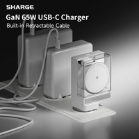 SHARGE 65W GaN Charger PD3.0 Type C QC3.0 2.0 Quick Charge Built-in 70cm Fast Charging USB-C Cable for iPhone16 MacBook iPad Pro