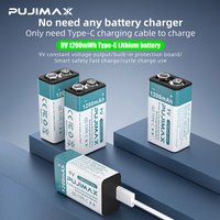 PUJIMAX USB 9V Rechargeable Battery 1200mAh Type-C Rechargeable 9V Li-ion Battery for Helicopeter Model Multimeter Smoke Alarm