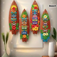 4pcs Tiki Totem Surfboard Wooden Wall Art Set with Double-Sided Nano Tape, Tropical Wood Decor for Summer Home