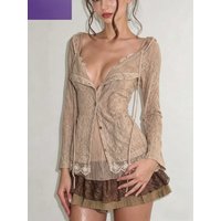 Y2k Vintage Solid Color Long Sleeve Lace Cardigan + Mini Strap Dress Two-Piece Set Bodycon Women Casual Button Spring Summer