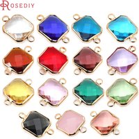 10PCS 18K Gold Color Brass Glass 2 Holes Square Connect Charms Pendants High Quality Necklace Earrings Diy Jewelry Accessories