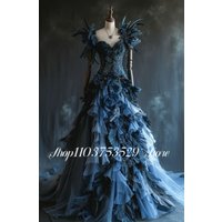Custom Gothic Victorian Ball Gown Exquisite appliqué Feather embellishments Corset bodice Lace puffed skirt Special occasion