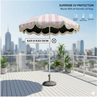 UPF50+ Black Sunshade Umbrella with Sunscreen Coating Soft Pink-White Striped Fringe for Courtyard Balcony No Base Required