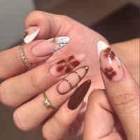 10PCS Medium Almond Brown Floral Rhinestone Design With A Glossy Reusable Artificial Acrylic Full Coverage For Women'S Nail Art