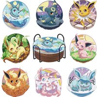 8Pcs Eevee Evolution Diamond Painting Coaster Kit with Metal Holder DIY 5D Rhinestone Cup Mat Non Slip Heat Resistant Table Deco