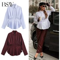 BSAY white Pleated waist Poplin Shirt Women Fashion Autumn Winter New Lapel button up Long Sleeves Blouses Chic Ladies Top mujer