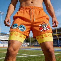 2026 Bandai Portgas D Ace Anime One Piece Men's Double Layer Fake Two Piece Shorts Gym Workout Shorts Summer Quick-dry Casual
