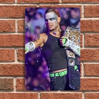 Vintage Wrestling Metal Wall Art Sign - Dynamic Wrestler in Purple & Green Attire with Championship Belt, Durable Iron Retro De