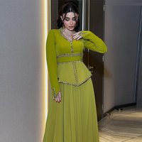 Customized Modest Arabic Dubai Prom Gown Crystal Embellished Neckline & Waist Wedding Guest Outfit Green A Line Evening Dresses