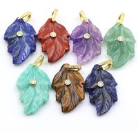 Natural Stone Leaf Pendant White Zircon Gold Plated Bail Healing Crystal Charm DIY Necklace Bohemian Nature Jewelry Making Gifts