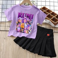 KPop Demon Hunters Girl Clothes Set Pleated Skirt Cotton Purple T Shirt 2pcs Short Sleeve Kids Dress Outfits Toddler Clothing