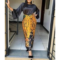 African Printed Two Piece Sets Skirt Womens O-neck Loose Flare Sleeve Lace-up Skirt 2 Piece Suit Womens