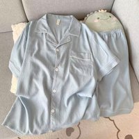 Four Seasons Men's Double Short Two Piece Sleepwear Simple Solid Color Collar Cardigan Home Clothes Can Be Worn Outside Pajamas