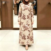 ZANZEA Muslim Modest Fashion Floral Print Maxi Dress Womens Hijabs O-Neck Long Sleeve Loose Abaya Robes Islamic Eid Kaftan