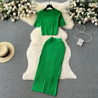 Casual Two Piece Sets Women Summer O Neck Top Elastic Waist Long Skirt Fashion Office Lady Korean Knit Suit Outfits Bodycon