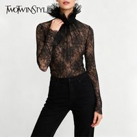 TWOTWINSTYLE Slimming Sheer Spliced Lace Sexy Blouses for Women High Neck Long Sleeves Patchwork Shirring Blouse Female Clothing