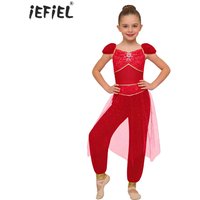 Girls Halloween Arabian Princess Belly Dance Costume Rhinestone Decor Sequined Tulle Overlay Jumpsuit Carnival Cosplay Dress Up