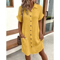 Ladies Casual Holiday Vestidos Vintage Women Solid Mini Dress Summer Fashion V-neck Three Quater Sleeve Cotton Linen Dress