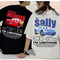 2026 Summer Couple T-Shirts, Pure Cotton Short Sleeve Tops with Lightning McQueen & Sally Print for Men and Women