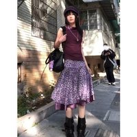 Y2K Gothic Purple Polka Dot Midi Skirt Women Vintage High Waist A Line Flowy Skirts Harajuku Streetwear Casual Summer Maxi Skirt