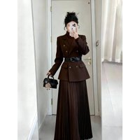 Spring 2026 Luxury Style Women's Suiting Coat And Pleated Skirt Set High Waist Warm Thickened Polyester Fiber Casual Wear