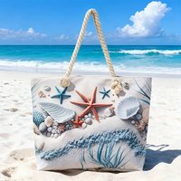 3D ocean element beach bag with starfish and seashell prints, large-capacity tote with rope handles. A beautiful women's tote sh