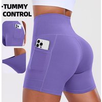 Women Pocket Sports ShortsHigh Waist Yoga Leggings Street Wearling Elastic Skinny Shorts Running Cycling Three Point Shorts