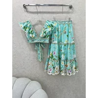 Summer Beach Style Colorful Floral Butterfly Print Set Women's Sexy V-neck Lace Up Pleated Top Long Skirt Two-piece Setclot