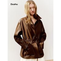 DUSHU 2026 Spring Women's Drawstring Waist Oversized Leather Jacket - Flattering Fit Cropped Motorcycle Style PU Coat for Casual