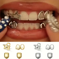 4Pcs Gothic Hip-Hop Teeth Grills - 14K Golden Plated Copper Double Hollow Star & Cubic Synthetic Zirconia Grillz