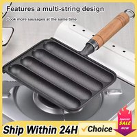 Cast Iron Pre-Seasoned Pot Non-Stick Pre-Seasoned Grilled Sausage Pot with Wooden Handle Hot Dog Mold Pan BBQ Supply Grilled Pot