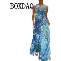 Vintage Print Maxi Dress For Women Summer Loose Sleeveless Long Dresses Elegant Lady V Neck Pockets Boho Beach Sundress Vestidos