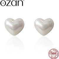 OZAN S999 Sterling Silver Earrings Stud Heart Shell Pearl Fashion Trendy Classic Jewelry for Women Anniversary Birthday Gift