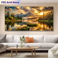 Frameless No Canvas Art Print - Golden Sunrise, Snowy Mountains With Reflecting Water, Modern Living Room Or Bedroom Wall Decor