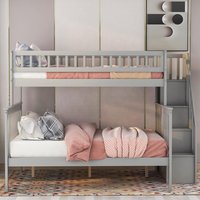 Twin Over Full Bunk Bed with Storage Stairs Wooden Frame Shelves Guardrails Slats Support Kids Teens Grey