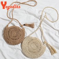 Yogodlns Runde Weiche Papier Seil Schulter Tasche Quaste Sommer Strand Handgemachte Umhängetaschen Frauen Hohl Stroh Tasche Kreis Rattan Tasche